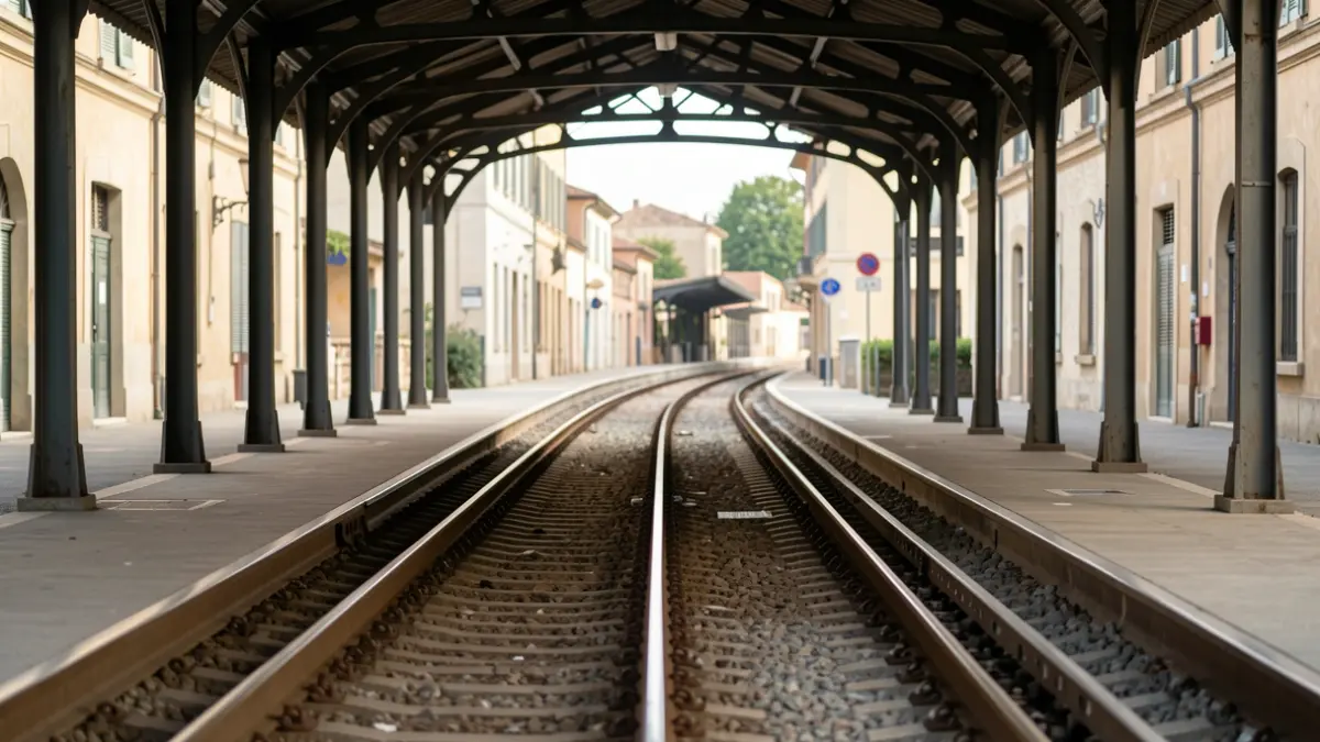 Empty train platform with tracks disappearing into the distance under a canopy.