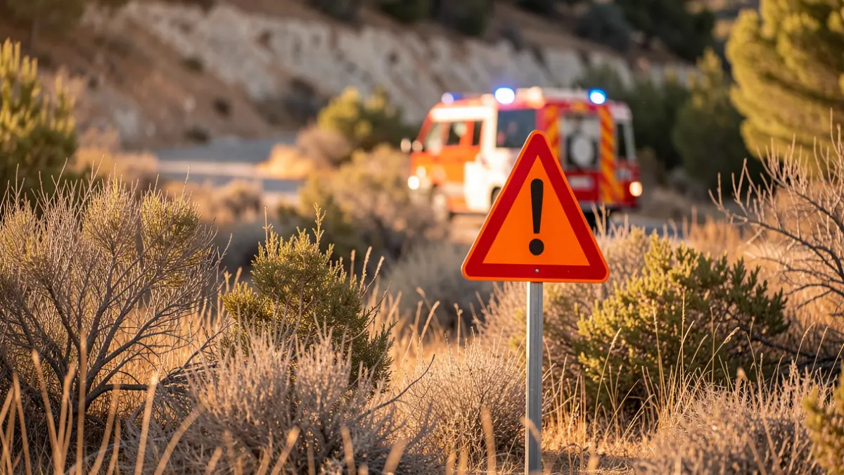 Generic image of a dry landscape in Catalonia with fire risk signs and blurred emergency lights.