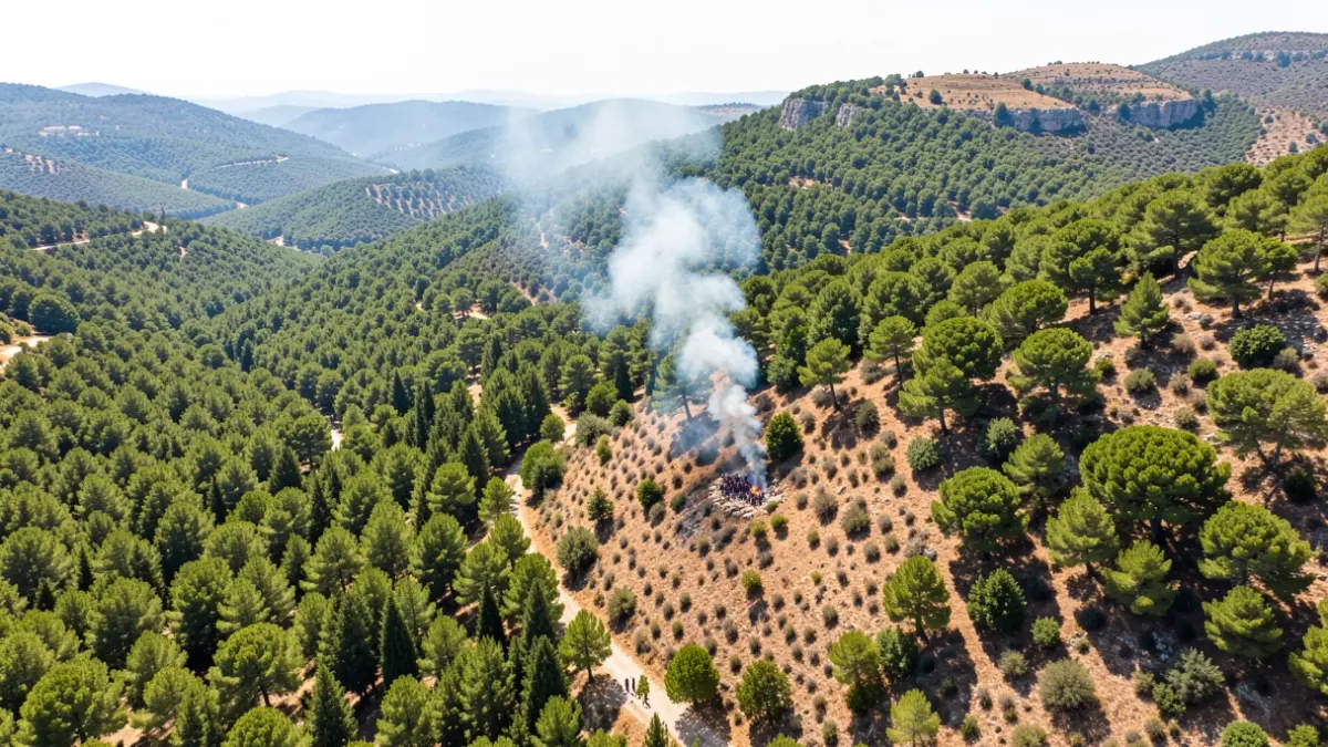 Imatge d'un bosc mediterrani amb una columna de fum a la llunyania.