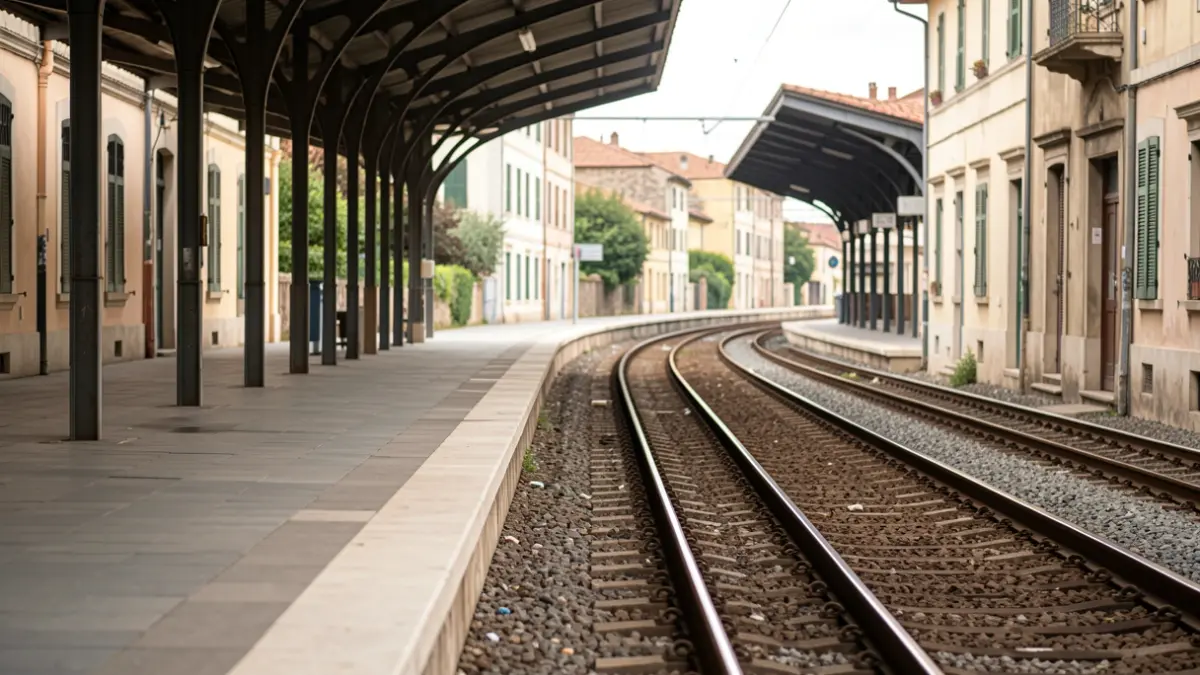Andana de tren buida amb vies que es perden a la distància sota una marquesina, llum diürna suau.