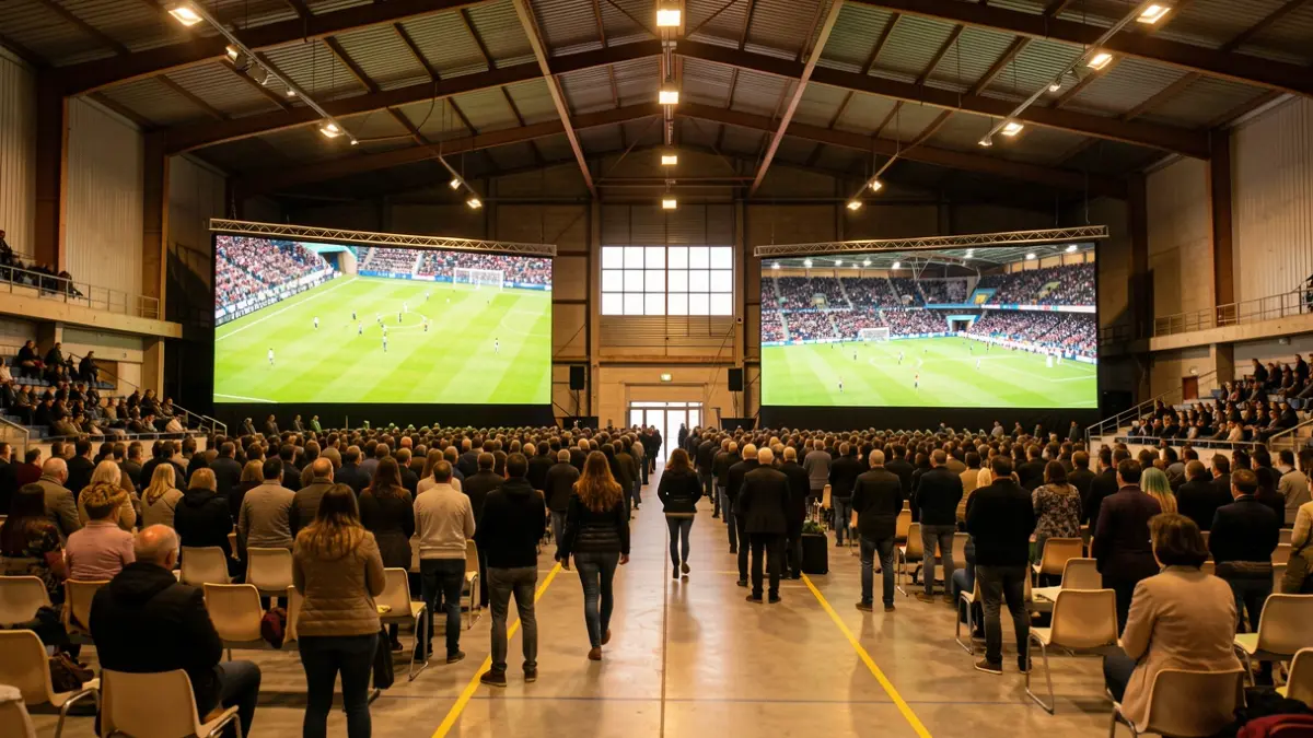 Interior del Pavelló Olímpic Municipal de Reus preparat per a la retransmissió de la final del Mundial.