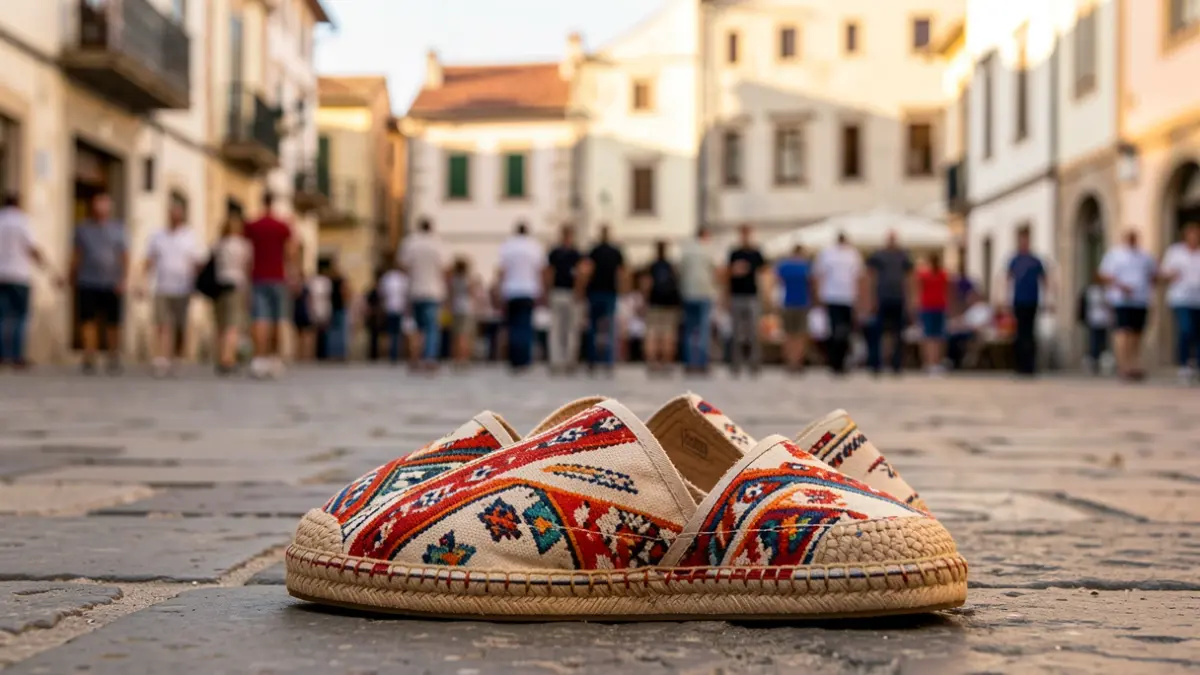 Close-up image of traditional espadrilles on a stone pavement.