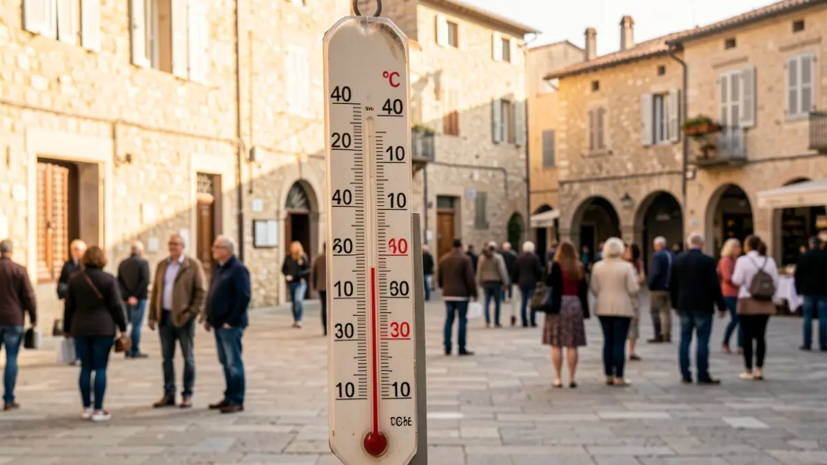 Thermometer showing over 40 degrees Celsius in a Mediterranean urban setting.