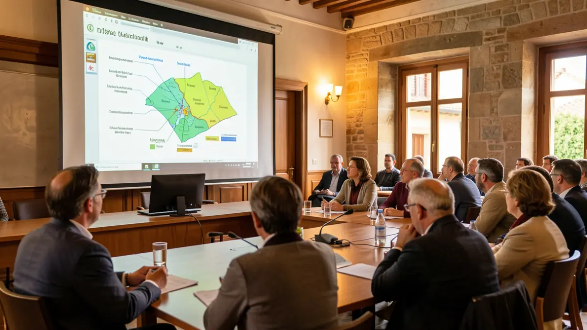 Sala d'actes municipal amb una presentació sobre energies renovables.