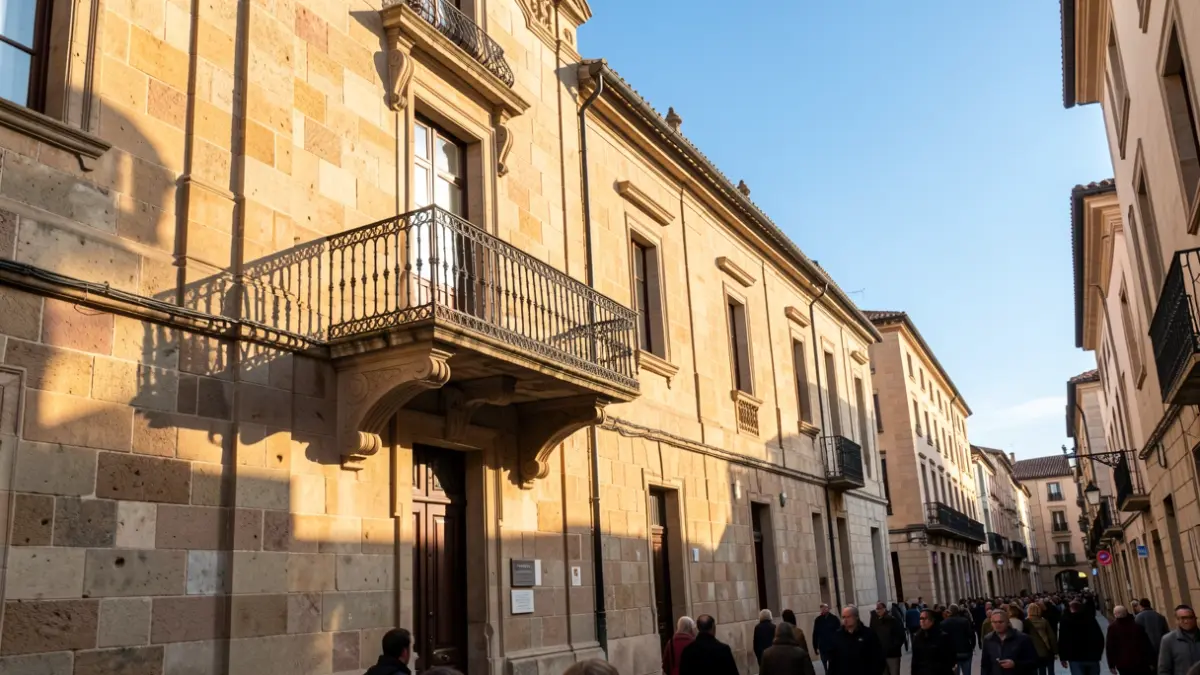 Facade of a town hall in Catalunya with an iron balcony, warm afternoon light.