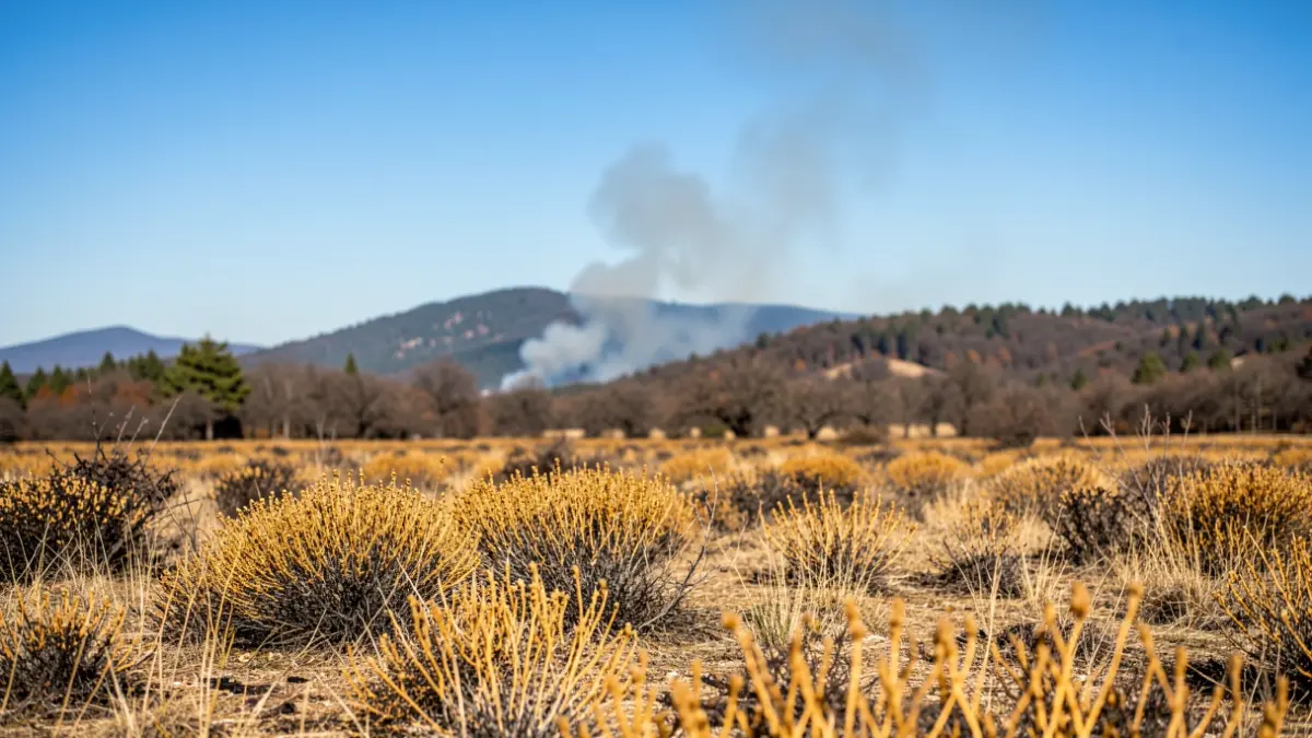 Catalan landscape with dry vegetation and smoke in the background, indicating fire risk.