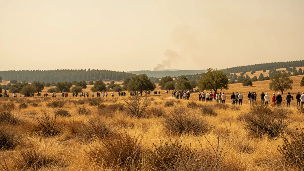 Paisatge català sec i calorós amb fum d'un incendi al fons.