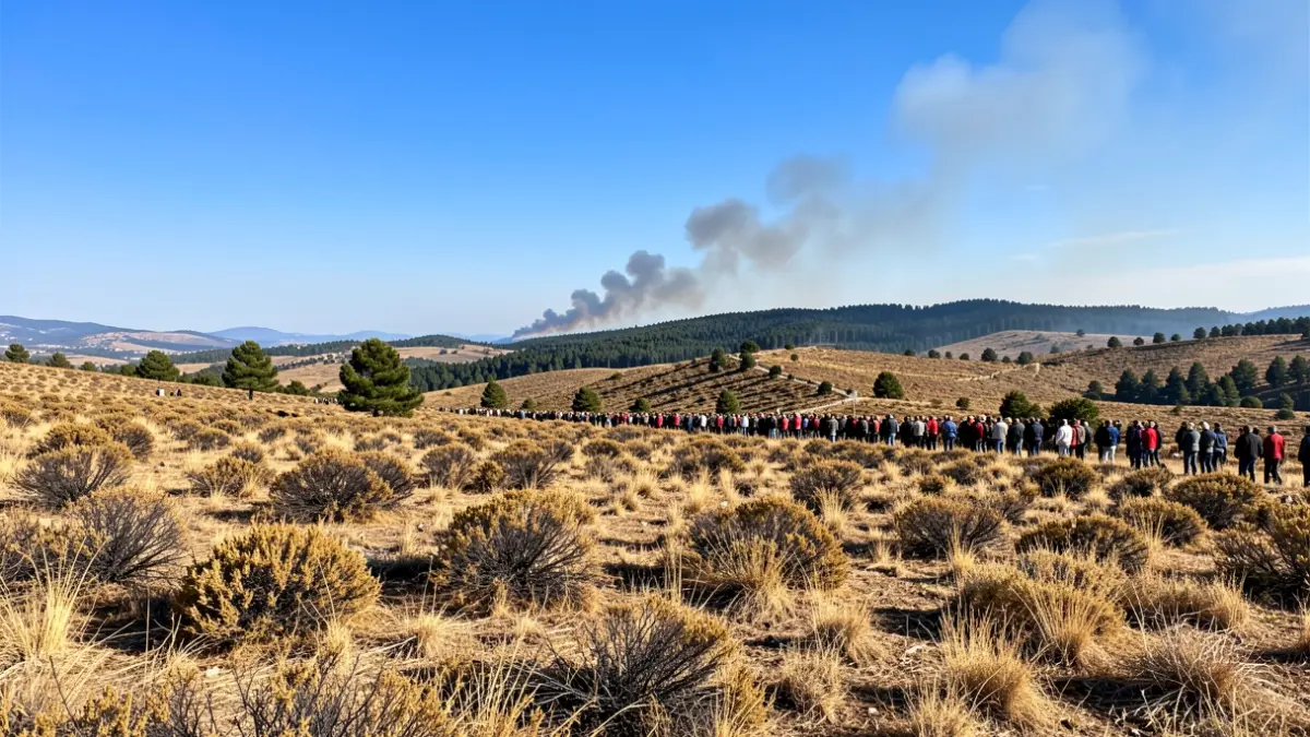 Paisaje catalán con vegetación seca y humo de un incendio al fondo.