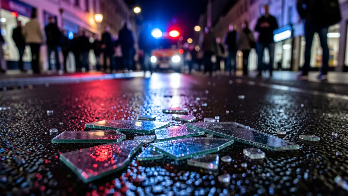 Imagen genérica de cristales rotos en el suelo con luces de emergencia reflejadas.