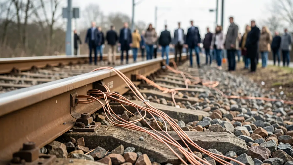 Imagen genérica de cables de cobre expuestos en una infraestructura ferroviaria dañada.