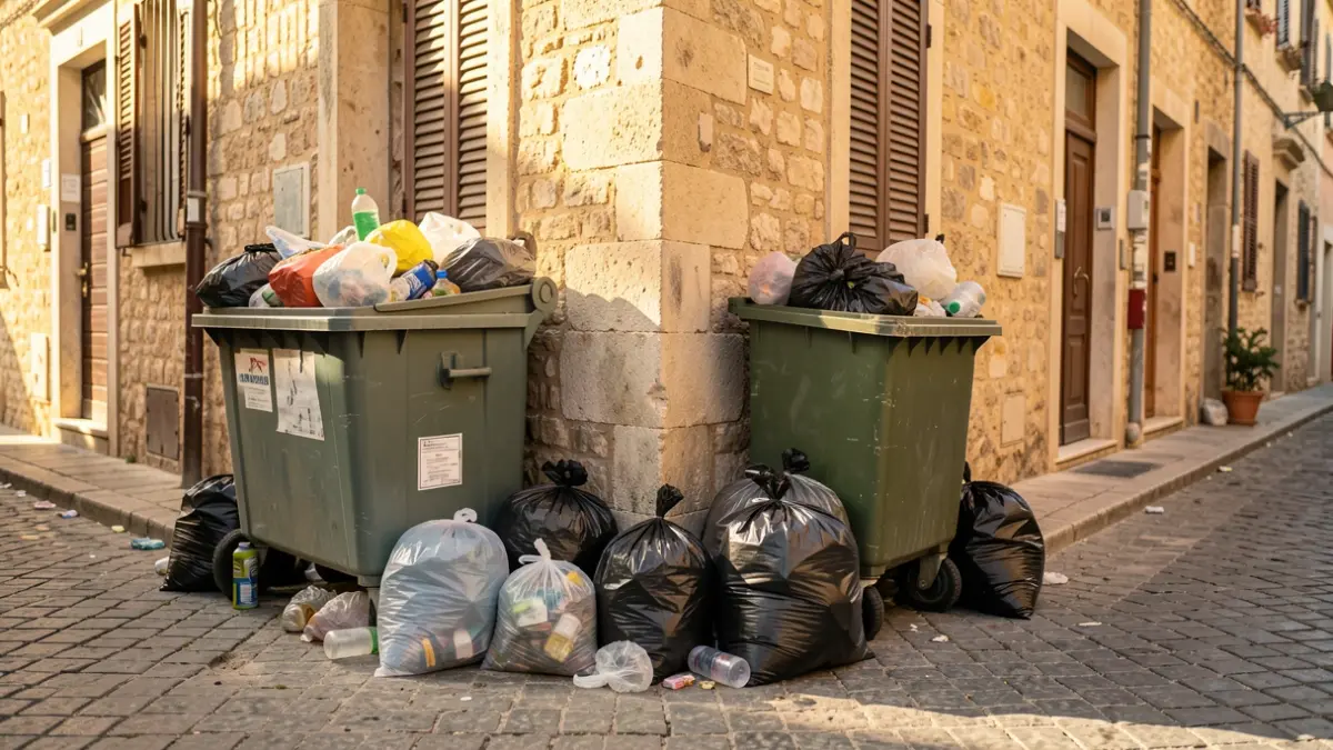 Overflowing trash bins on a street.