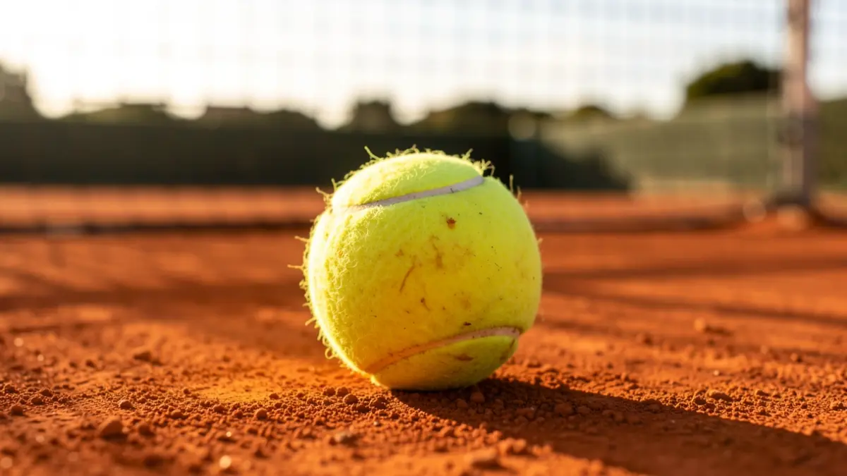 Imatge genèrica d'una pilota de tennis sobre terra batuda.