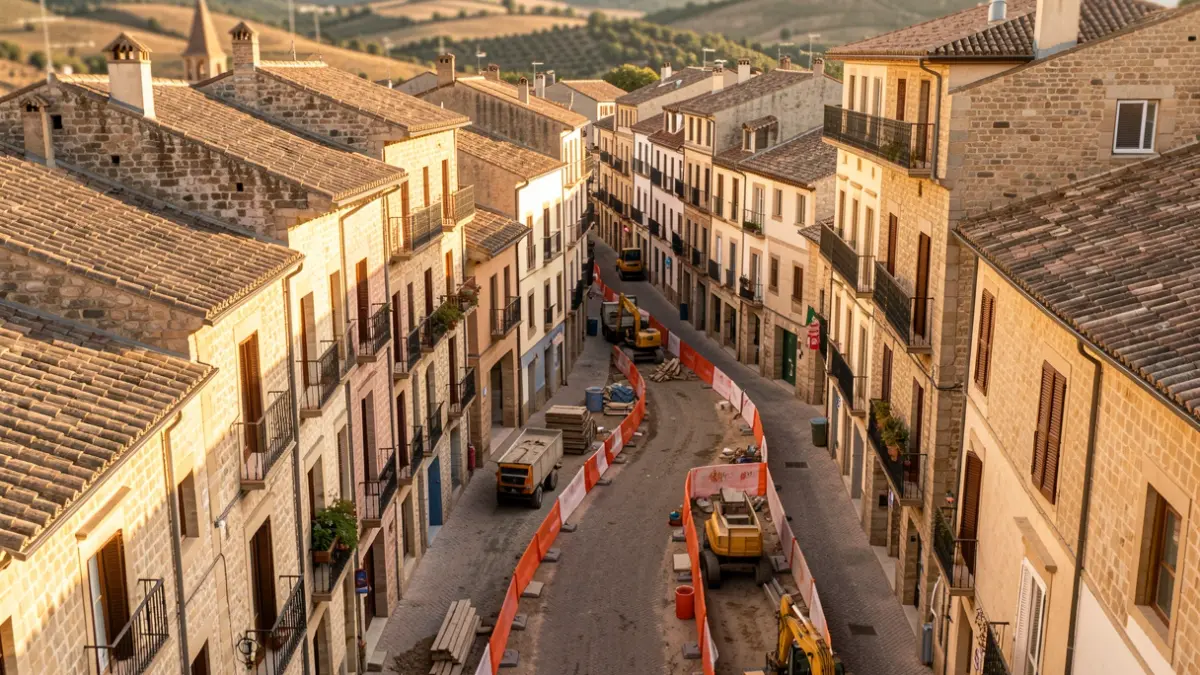 Vista aérea del casco antiguo de Roquetes en obras, con calles de plataforma única y maquinaria.