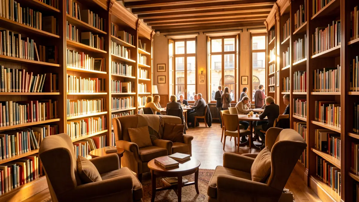 Imagen genérica del interior de una biblioteca pública catalana con luz cálida.