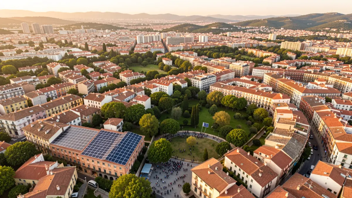 Generic aerial view of a Catalan municipality with rooftops and green spaces.
