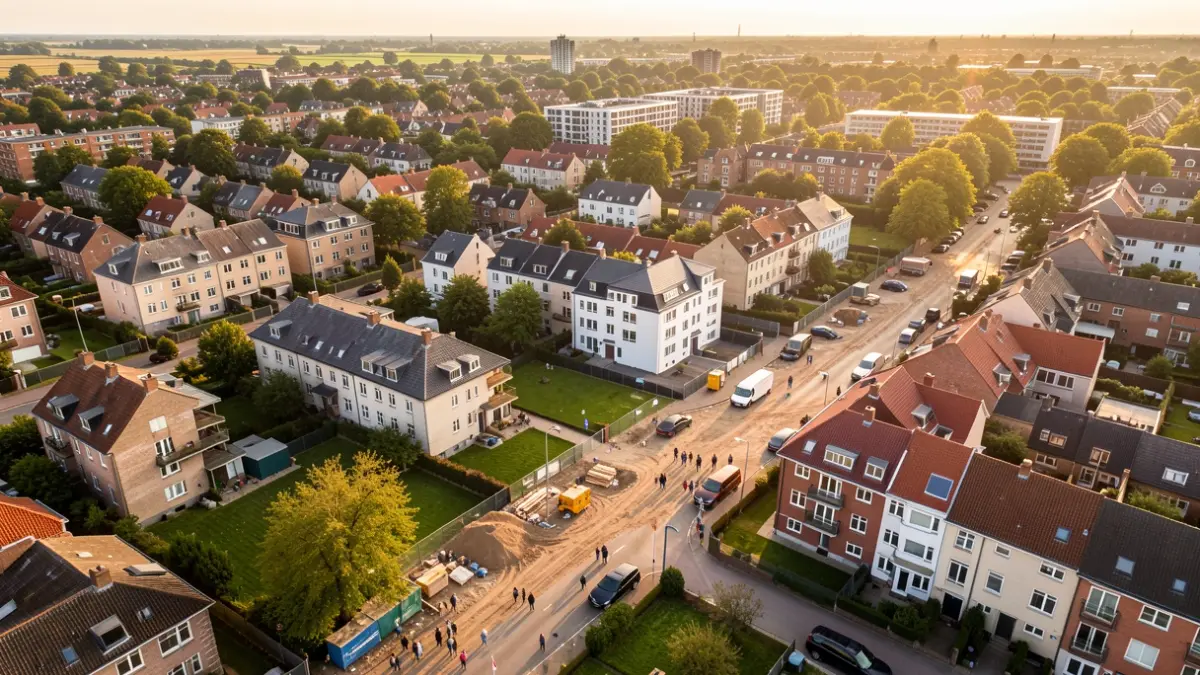Vista aérea de un barrio en transformación urbana con espacios verdes y obras.