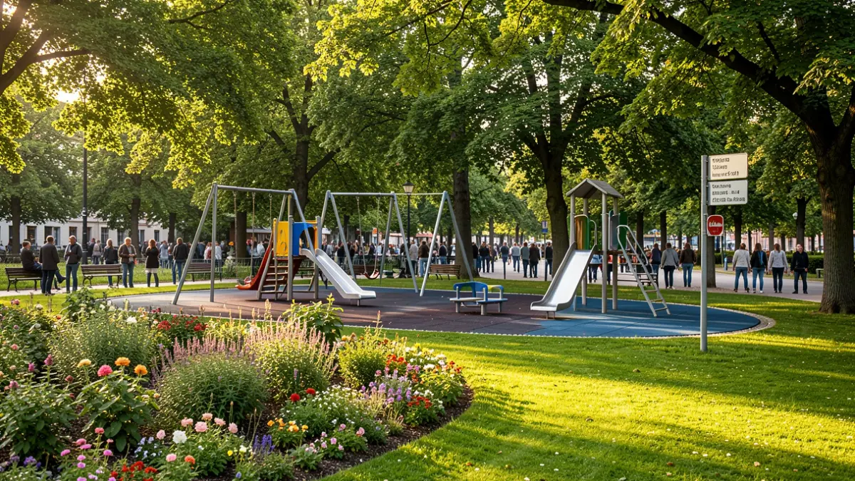 Generic image of a well-maintained urban park with green spaces, children's play areas, and trees.