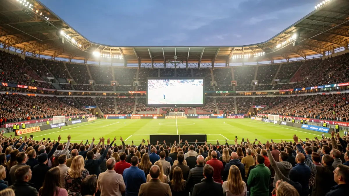 Generic image of a football field with a large screen installed for a match broadcast.