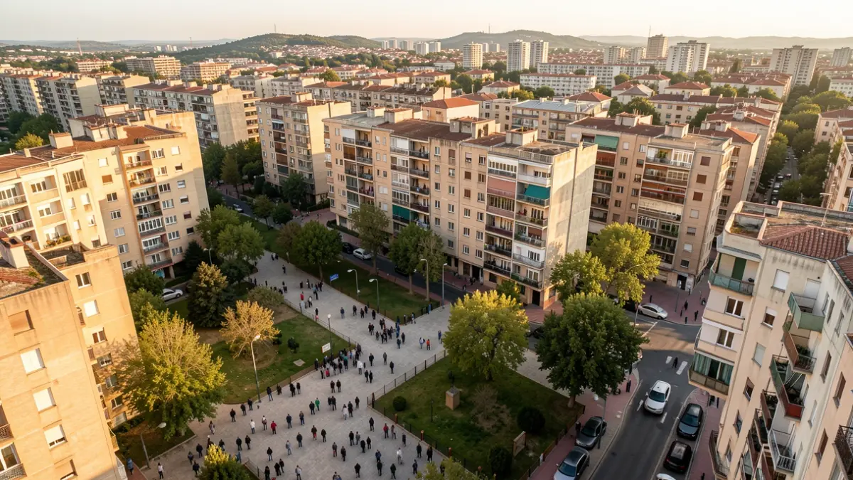 Vista aèria d'un barri de Sabadell amb edificis antics i espais públics per renovar.