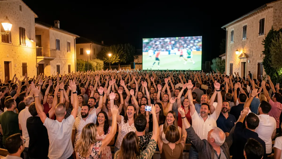 Multitud celebrant un partit de futbol en una pantalla gegant a l'aire lliure.