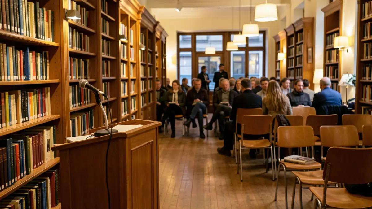 Interior d'una sala d'actes amb micròfon i cadires buides, preparat per a una presentació cultural.