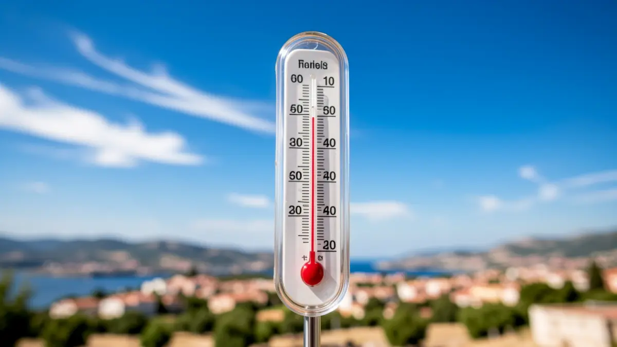 Termómetro marcando altas temperaturas con cielo azul y nubes dispersas.