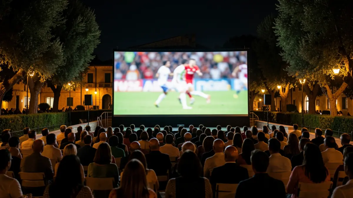 Pantalla gegant instal·lada en un parc de Sabadell per veure la semifinal del Mundial.