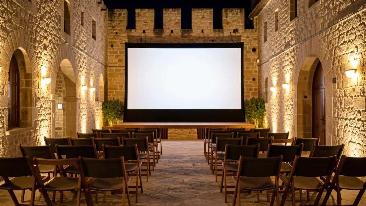 Outdoor cinema setting in a historic venue.