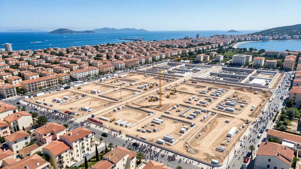 Vista aèria d'una zona d'obres urbanístiques a Salou amb parcel·les marcades per a habitatges.