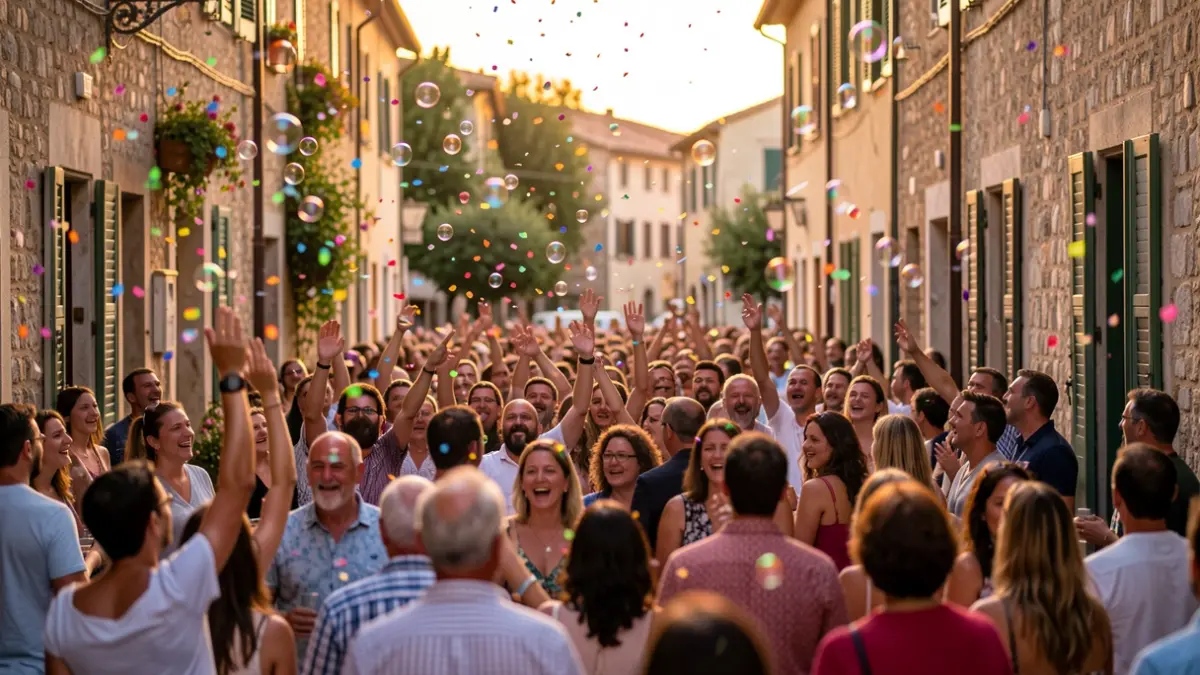 Ambiente festivo durante el desfile Cors d'Estiu en Salou con confeti y burbujas.