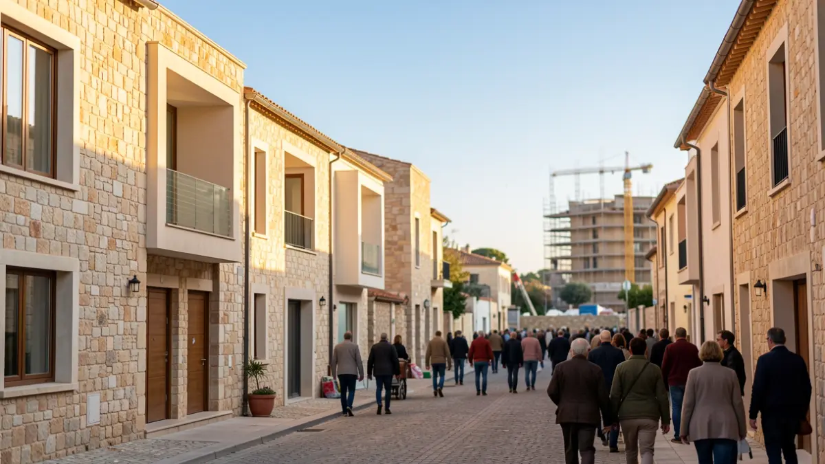 Image of a residential area with Mediterranean architecture and afternoon light.