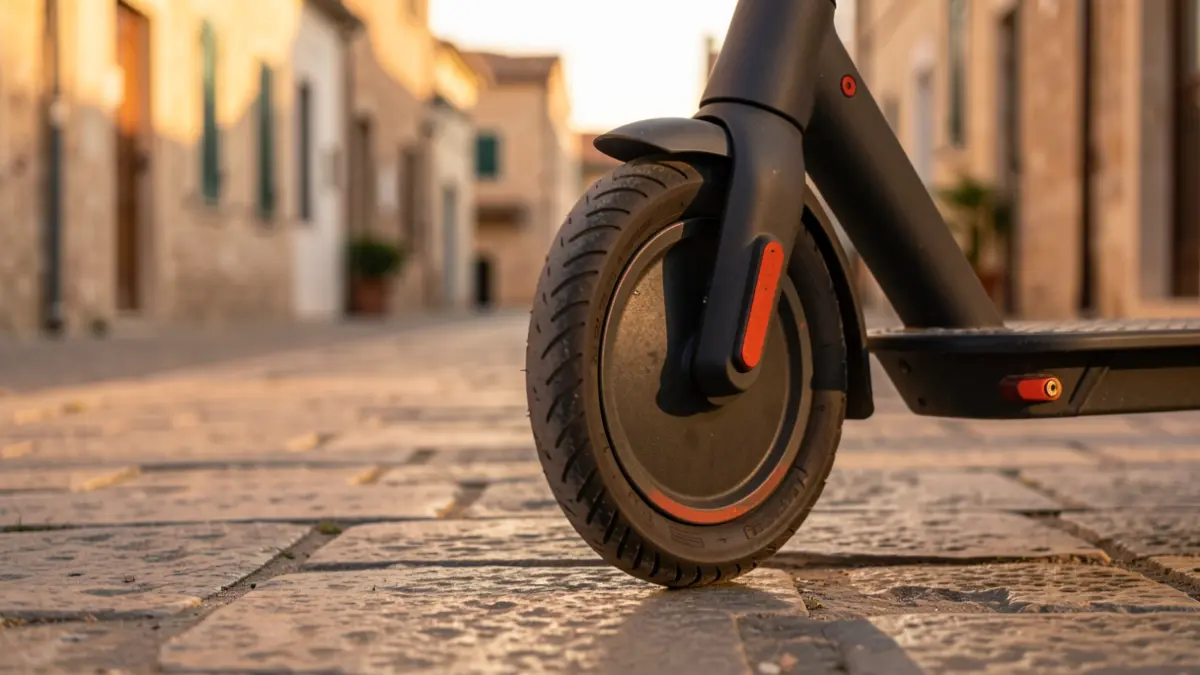 Roda d'un patinet elèctric aparcat en un carrer de Salou al vespre.