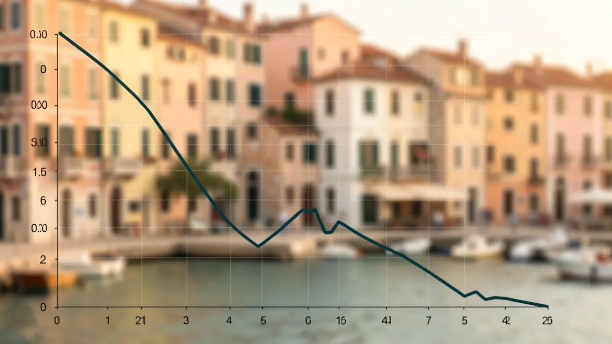 Statistical graph showing a downward trend with a small upward spike, against a blurred background of Mediterranean coastal town architecture.