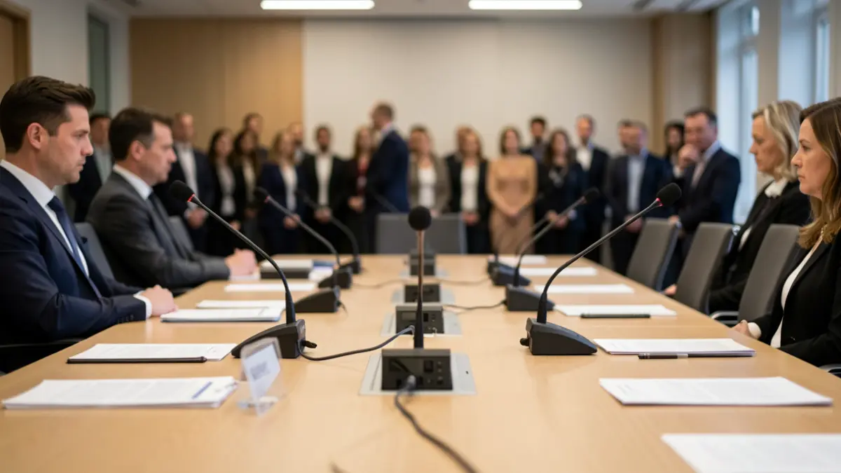 Meeting table in a conference room with microphones and documents.