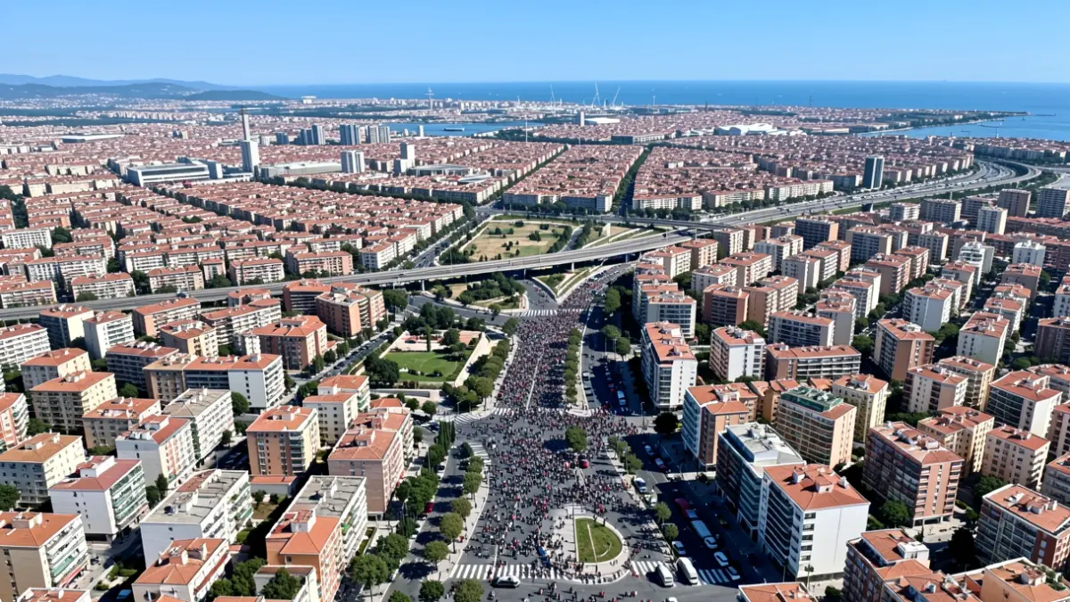 Vista aérea de la continuidad urbana entre Sant Adrià de Besòs y Badalona.