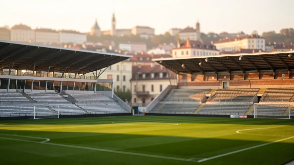 Imatge genèrica de dos estadis de futbol, un amb gespa natural i l'altre sense, amb la ciutat al fons.