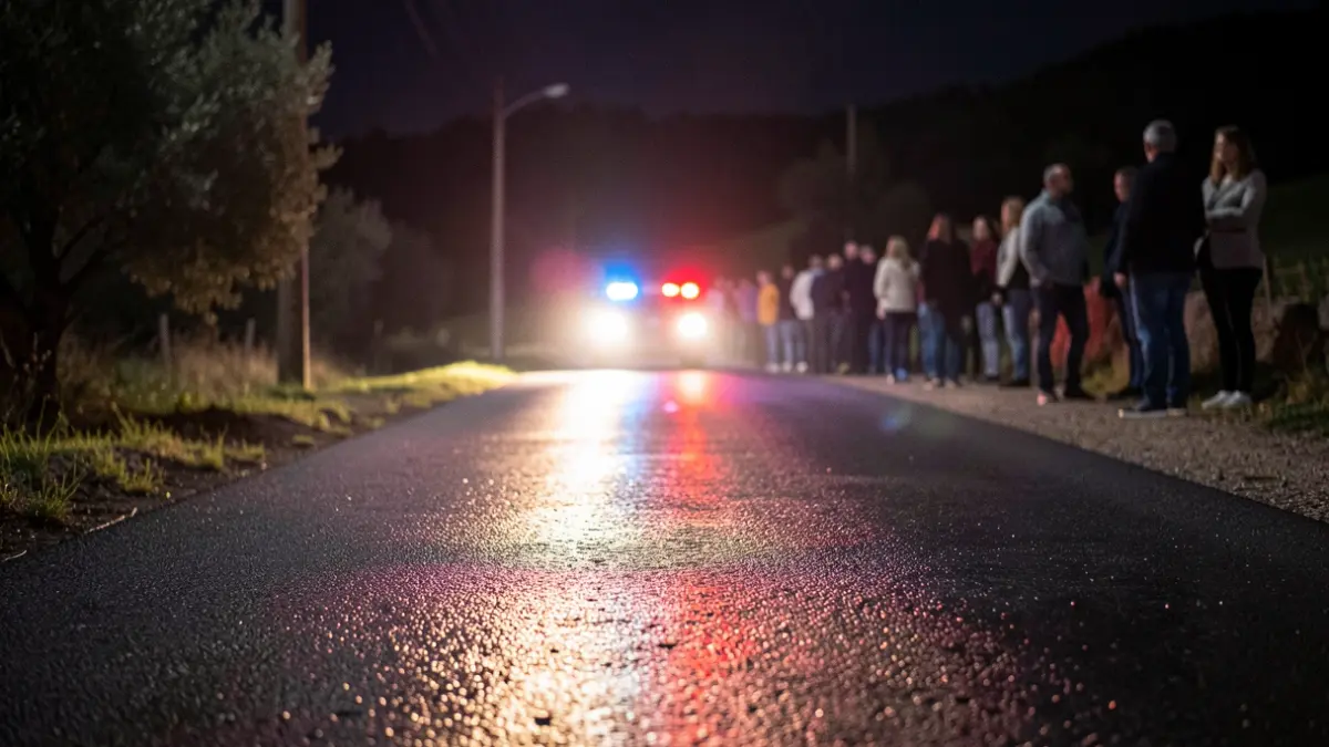 Generic image of emergency lights reflecting on wet asphalt at night.