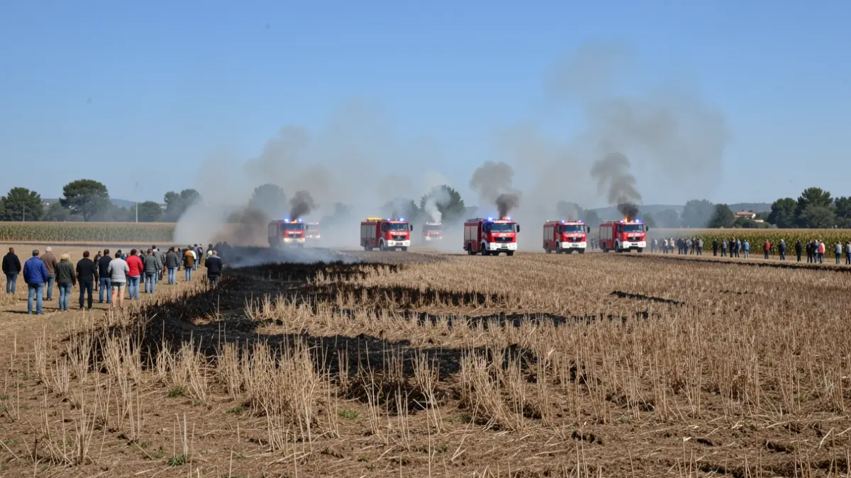 Imatge genèrica d'un incendi agrícola amb vehicles dels Bombers.
