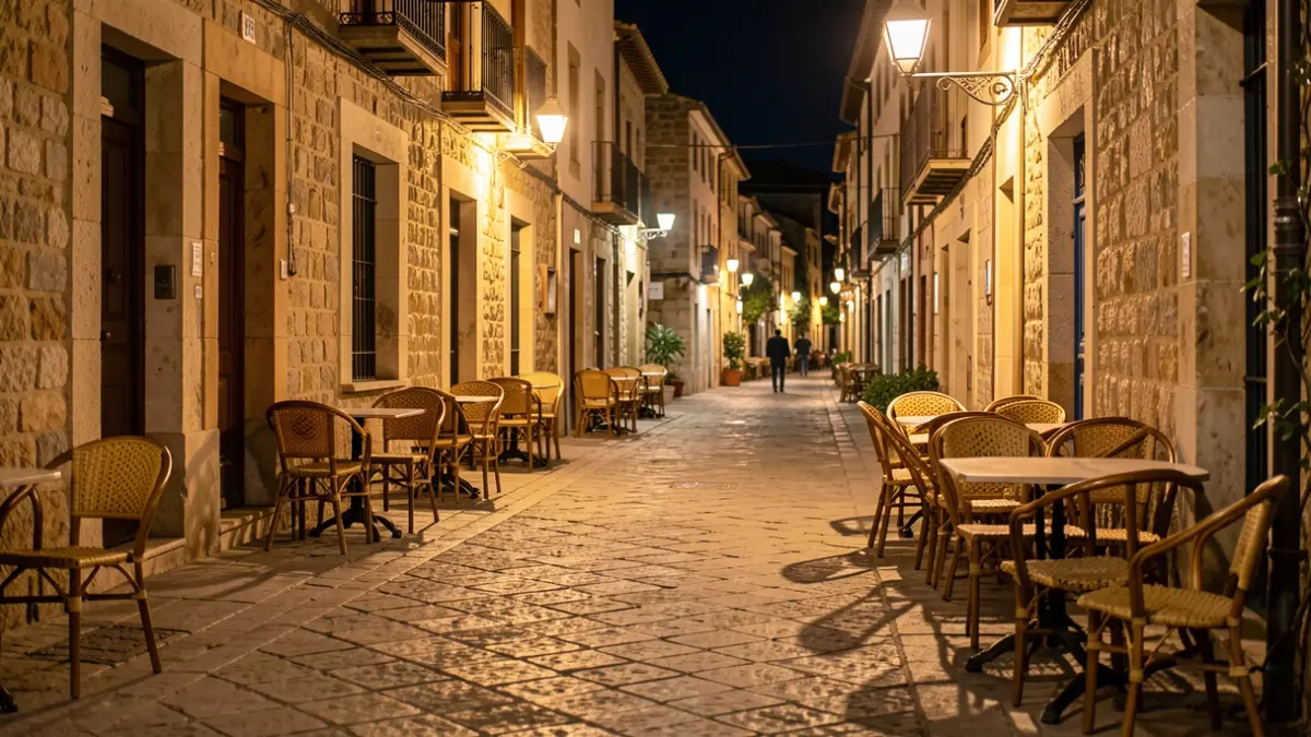 Calle empedrada de un pueblo mediterráneo iluminada por farolas nocturnas.