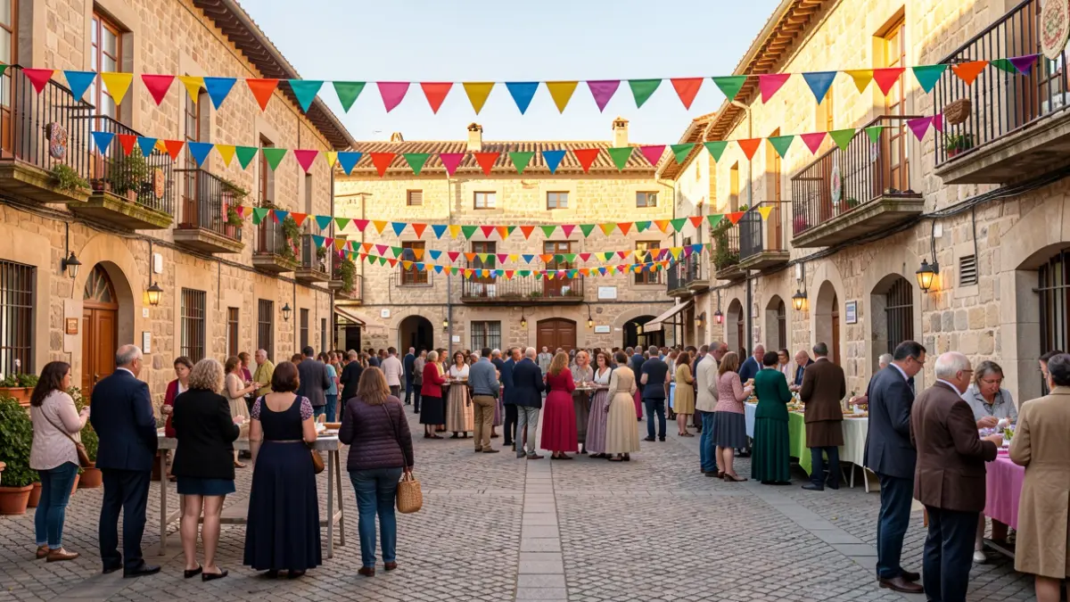 Generic image of a Catalan town square decorated for a local festival.
