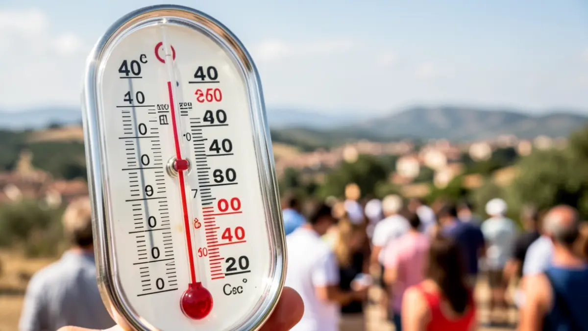 Termómetro marcando más de 40 grados en un paisaje catalán soleado.