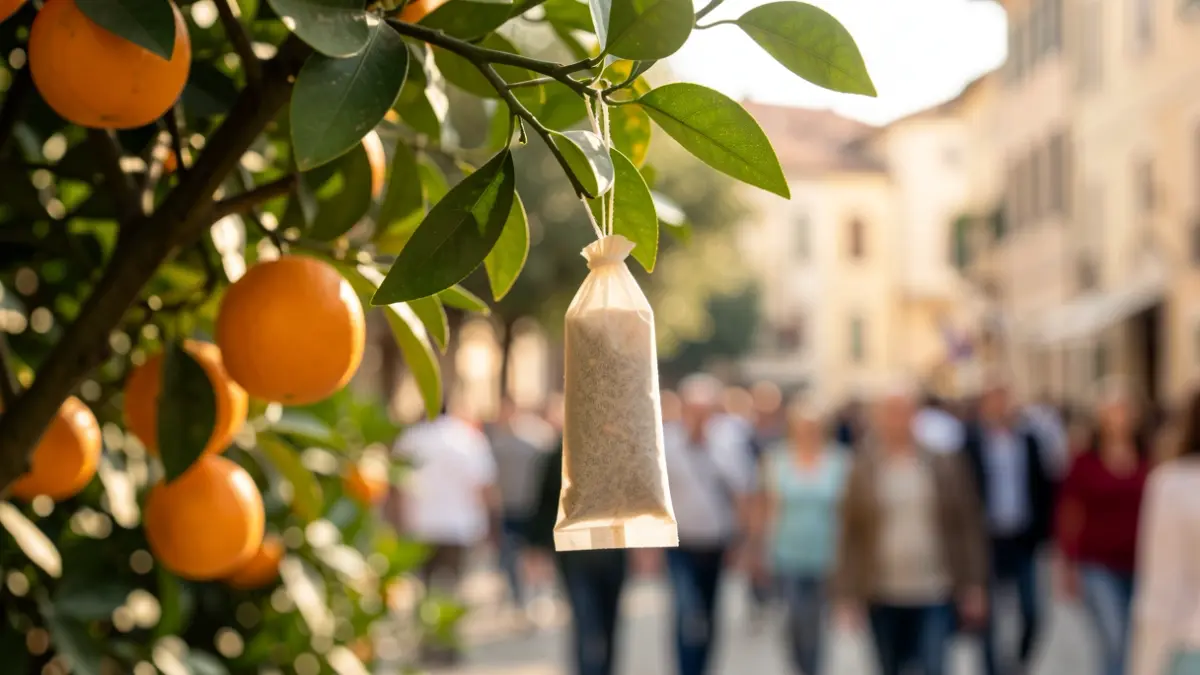 A sachet with predatory mites hanging from a branch of an ornamental orange tree in Tarragona.