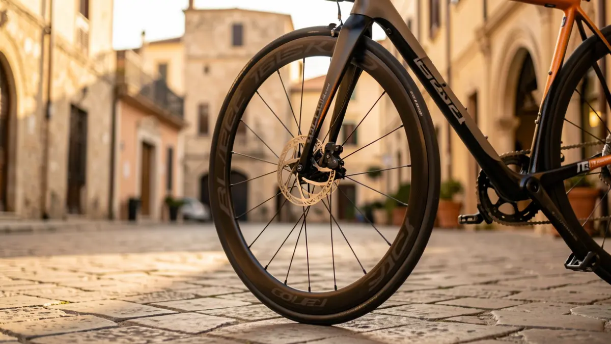 Imagen de una bicicleta de competición en una calle empedrada de Tarragona.