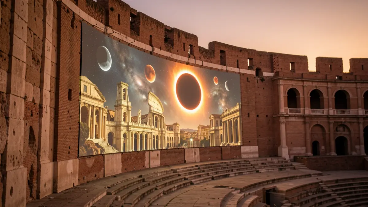 Mapping audiovisual 'Eclipse: l’abraçada del Sol i la Lluna' projectat sobre la Paret del Circ Romà de Tarragona.