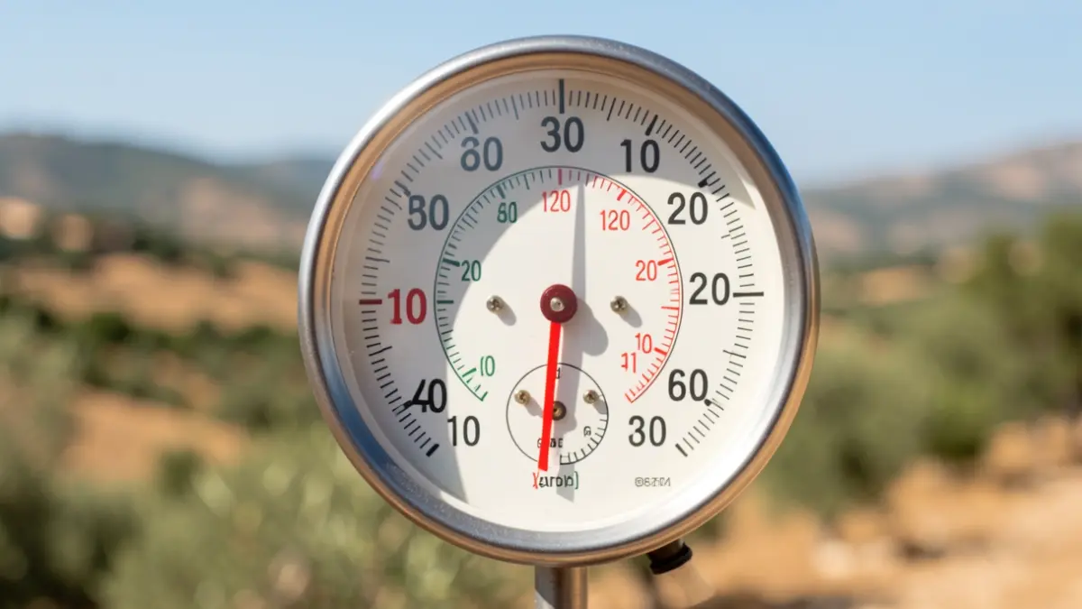 Termómetro con alta temperatura y paisaje mediterráneo.