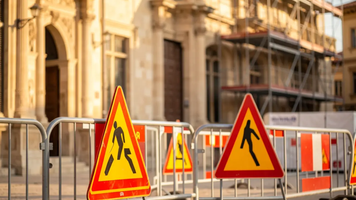 Imagen genérica de obras en un edificio antiguo con señalización de seguridad.