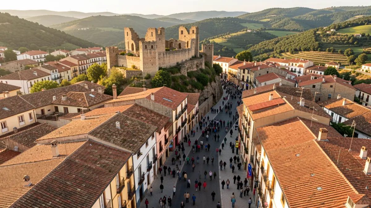 Vista aèria del nucli històric i el castell de Tàrrega amb llum de tarda.