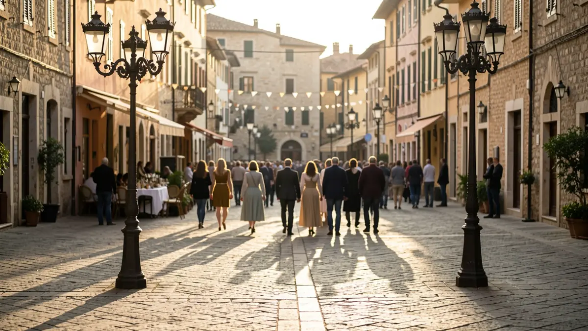 Festive atmosphere in a stone square with streetlights in the afternoon.