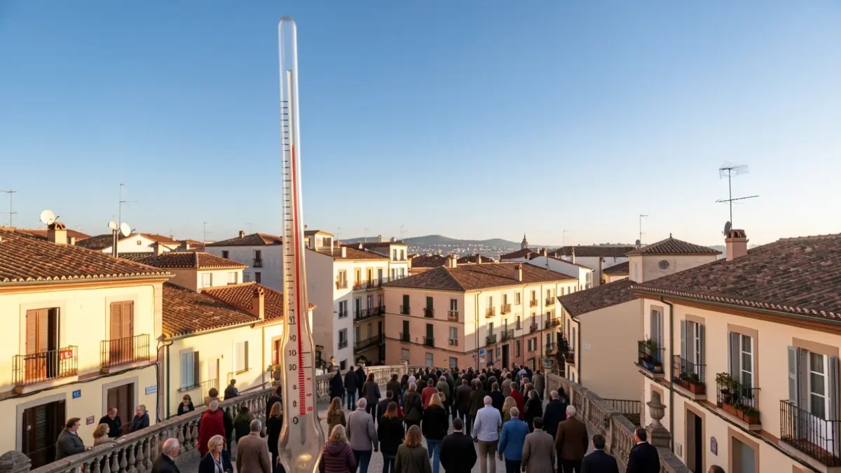 Termòmetre a Terrassa amb cel blau i arquitectura mediterrània.