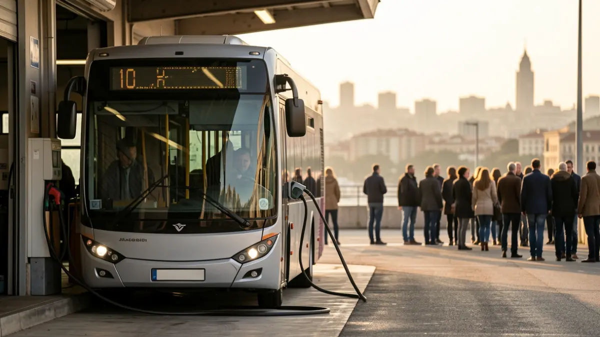 Electric bus charging at a depot in Barcelona.